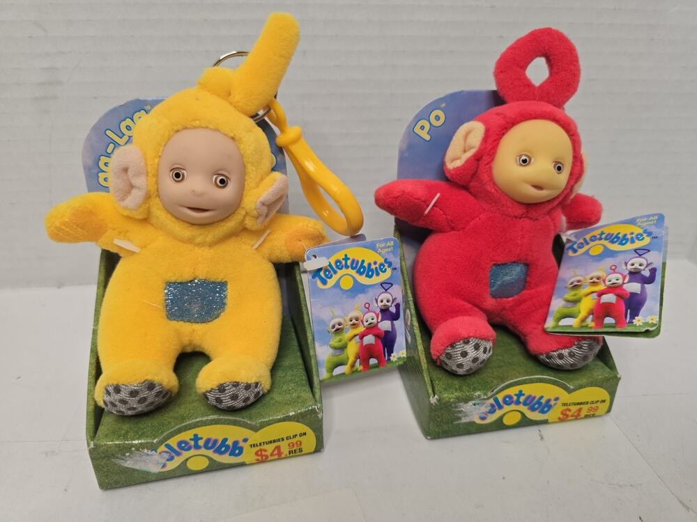Vintage 1998 TELETUBBIES Plush Clip On Keychains PO Laa Laa Bag Charm New W Tags